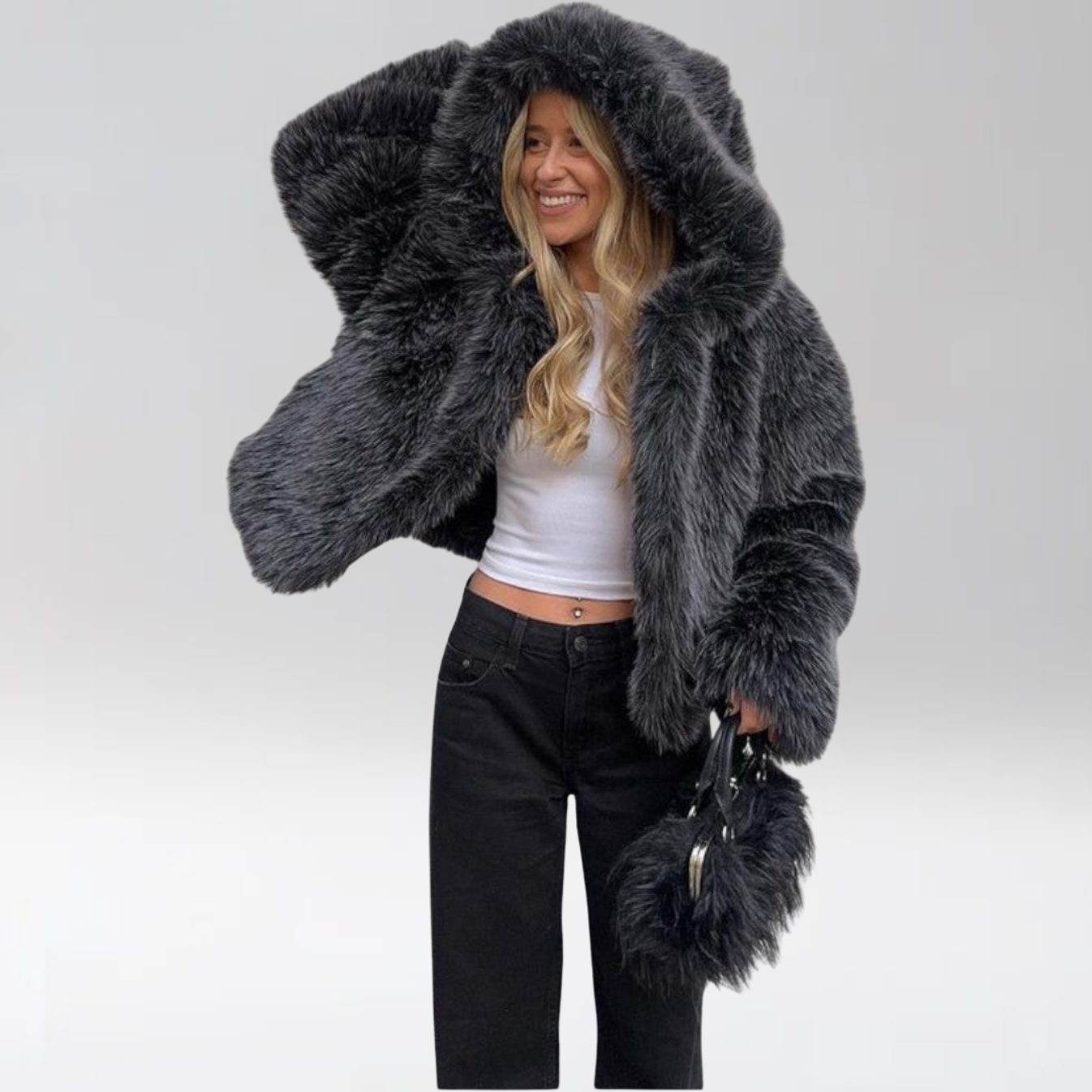 Leyana™ — Veste Oversize en Fausse Fourrure Gris Fumé