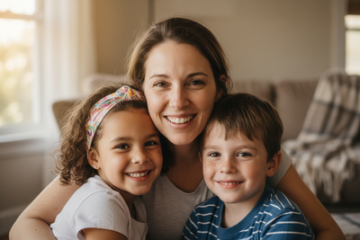 a candid photo of a mom with her two kids headshot