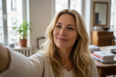 a selfie of a blonde french women in her mid 30's