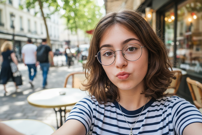 a selfie of a french teen wearing glasses puckering her lips